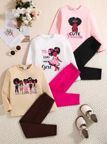 Conjunto de 3 piezas de ropa informal para niñas, que combina todo: Blusa de manga larga con estampado de personaje de dibujos animados y letras en inglés + Pantalón jogger de cintura elástica de unicolor, ropa cómoda y versátil para niñas en primavera y otoño