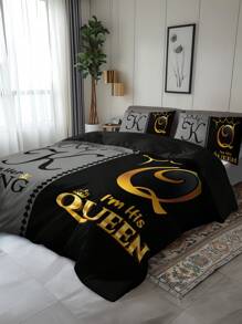 Set de 3 piezas de ropa de cama (1 funda de edredón sin relleno + 2 fundas de almohada sin núcleo), con estampado de alta definición en color negro y gris con diseño de corona, para uso en el hogar y dormitorio