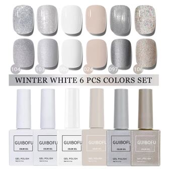 6 pièces Ensemble de vernis à ongles en gel blanc d'hiver 15 ml Série de 120 couleurs Finition brillante d'automne Ensemble de vernis à ongles semi-permanent pailleté et à paillettes Ensemble de kit de vernis à ongles à tremper UV pour manucure, design d'ongles, couleur unie un flacon