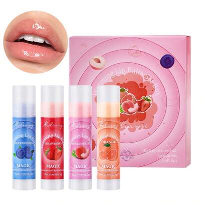 4 件套水果味变色润唇膏套装 - 保湿神奇唇彩，适合所有肤质男女的完美礼物
