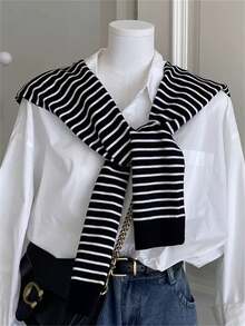 1 chiếc khăn choàng dệt kim sọc, áo len cardigan nhẹ cho nữ, văn phòng/phòng máy lạnh, bảo vệ cổ, kiểu áo choàng/áo choàng, xuân hè thu - sọc đen - Xem 7