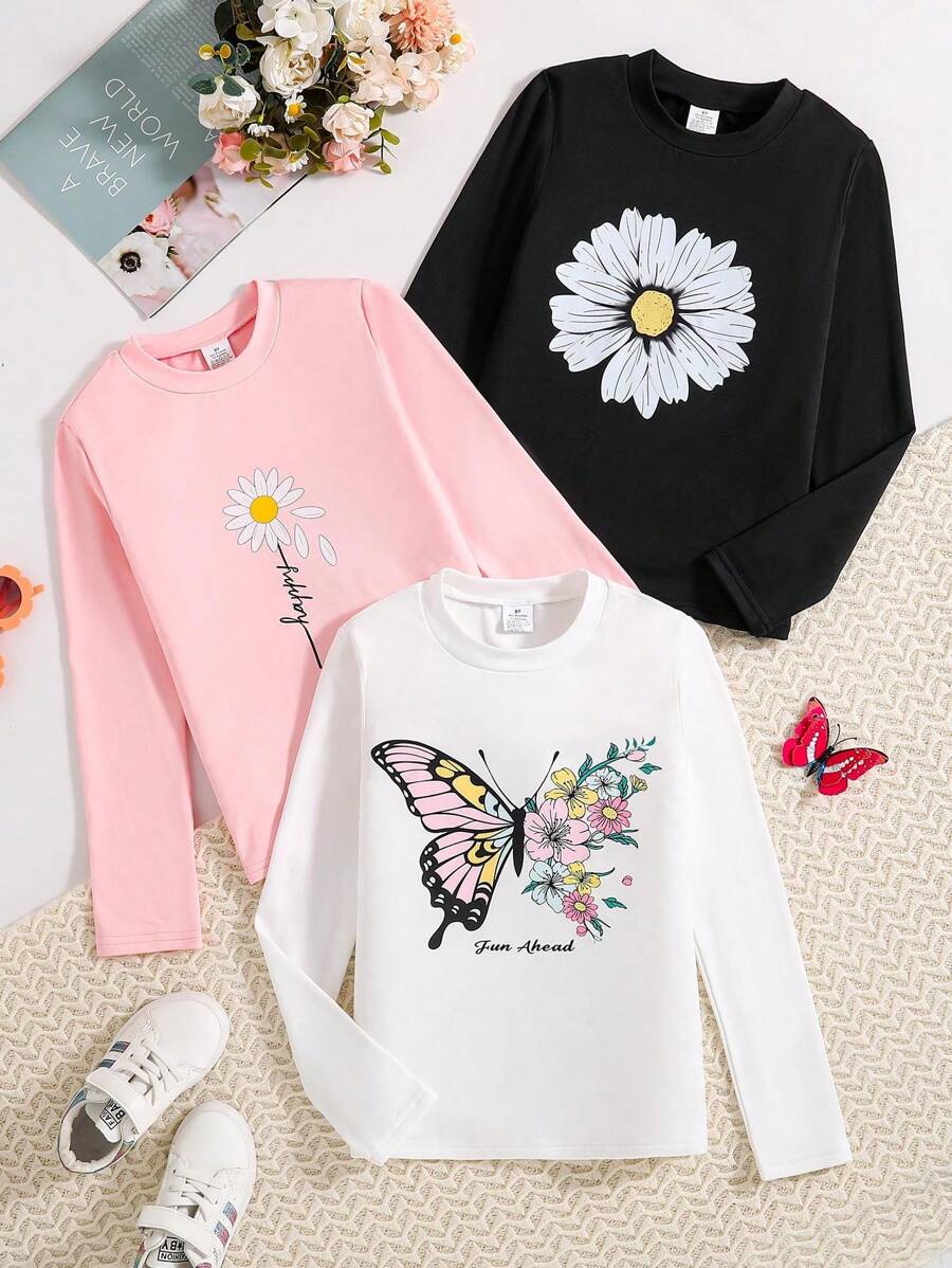 3件套少女秋季时尚印花圆领长袖T恤，柔软舒适，适合户外玩耍和青少年穿着。 - 彩色 - 查看 1