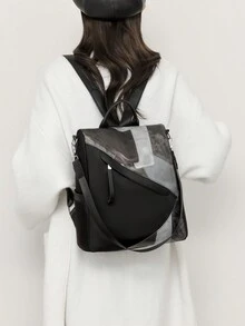 1 件休闲复古撞色背包。轻便时尚斜挎包。便携式个性化材料拼接单肩包。大容量优雅手提包，配有可调节肩带。商务通勤包。精致挎包。背包钱包。购物袋。书包。学院包。 - 黑色 - 查看 4