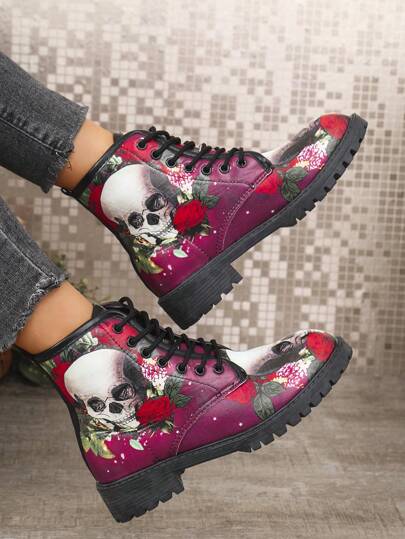 بوت نسائية جديدة مزينة بطبعة الجمجمة والزهور، من جلد البولي يوريثان مع ربطة، مريحة ومتعددة الاستخدامات للخارج، هالوين، الخريف/الشتاء