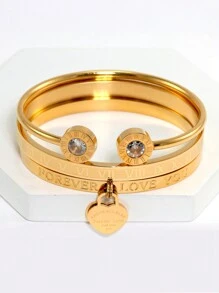 时尚经典 18K 镀金防水不锈钢罗马数字双心手链女士欧美风格休闲派对和婚礼珠宝情人节礼物情人 - 金色 - 查看 14