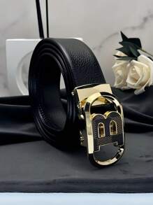 1 Stück automatische Schnalle mit goldenem Buchstaben B Aufkleber Leder Gürtel mit Litchi Streifenmuster, hochwertig & luxuriös, geeignet für Party oder Business Lässig Herren Sommer, Schule Lässig, Business, Freund Ehemann Vater Herren Geschenk, Alltag, Mode, Teenager, Outdoor, Urlaub, Sport, Reise, Straße, Boho, Vintage Herbst, Herbst-Winter Accessoires, geeignet für Teenager, Jugendliche, Herren, Lässig, Outdoor, Sport, Urlaub, Abschlussgeschenke, Geburtstag, Alltag