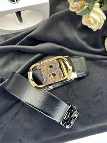 1 Stück automatische Schnalle mit goldenem Buchstaben B Aufkleber Leder Gürtel mit Litchi Streifenmuster, hochwertig & luxuriös, geeignet für Party oder Business Lässig Herren Sommer, Schule Lässig, Business, Freund Ehemann Vater Herren Geschenk, Alltag, Mode, Teenager, Outdoor, Urlaub, Sport, Reise, Straße, Boho, Vintage Herbst, Herbst-Winter Accessoires, geeignet für Teenager, Jugendliche, Herren, Lässig, Outdoor, Sport, Urlaub, Abschlussgeschenke, Geburtstag, Alltag