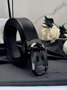 1 Stück automatische Schnalle mit goldenem Buchstaben B Aufkleber Leder Gürtel mit Litchi Streifenmuster, hochwertig & luxuriös, geeignet für Party oder Business Lässig Herren Sommer, Schule Lässig, Business, Freund Ehemann Vater Herren Geschenk, Alltag, Mode, Teenager, Outdoor, Urlaub, Sport, Reise, Straße, Boho, Vintage Herbst, Herbst-Winter Accessoires, geeignet für Teenager, Jugendliche, Herren, Lässig, Outdoor, Sport, Urlaub, Abschlussgeschenke, Geburtstag, Alltag