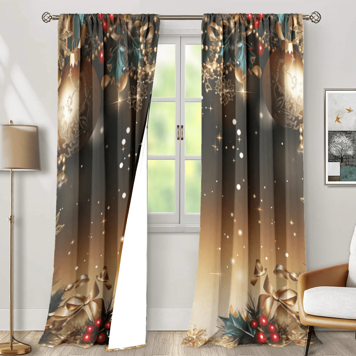 2pcs Christmas Golden Christmas Tree Ornament Print Sheer Curtain Panels, Light Filtering, Rod Pocket Design, Quality Polyester Fabric, HD Digital Printing, Romantic Christmas Decor For Bedroom, Living Room, Kitchen, Office