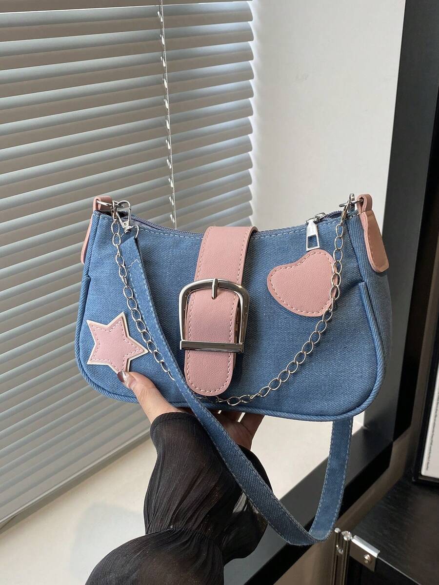 Fashion Contrasting Color Belt Chain Decoration Armpit Shoulder Bag