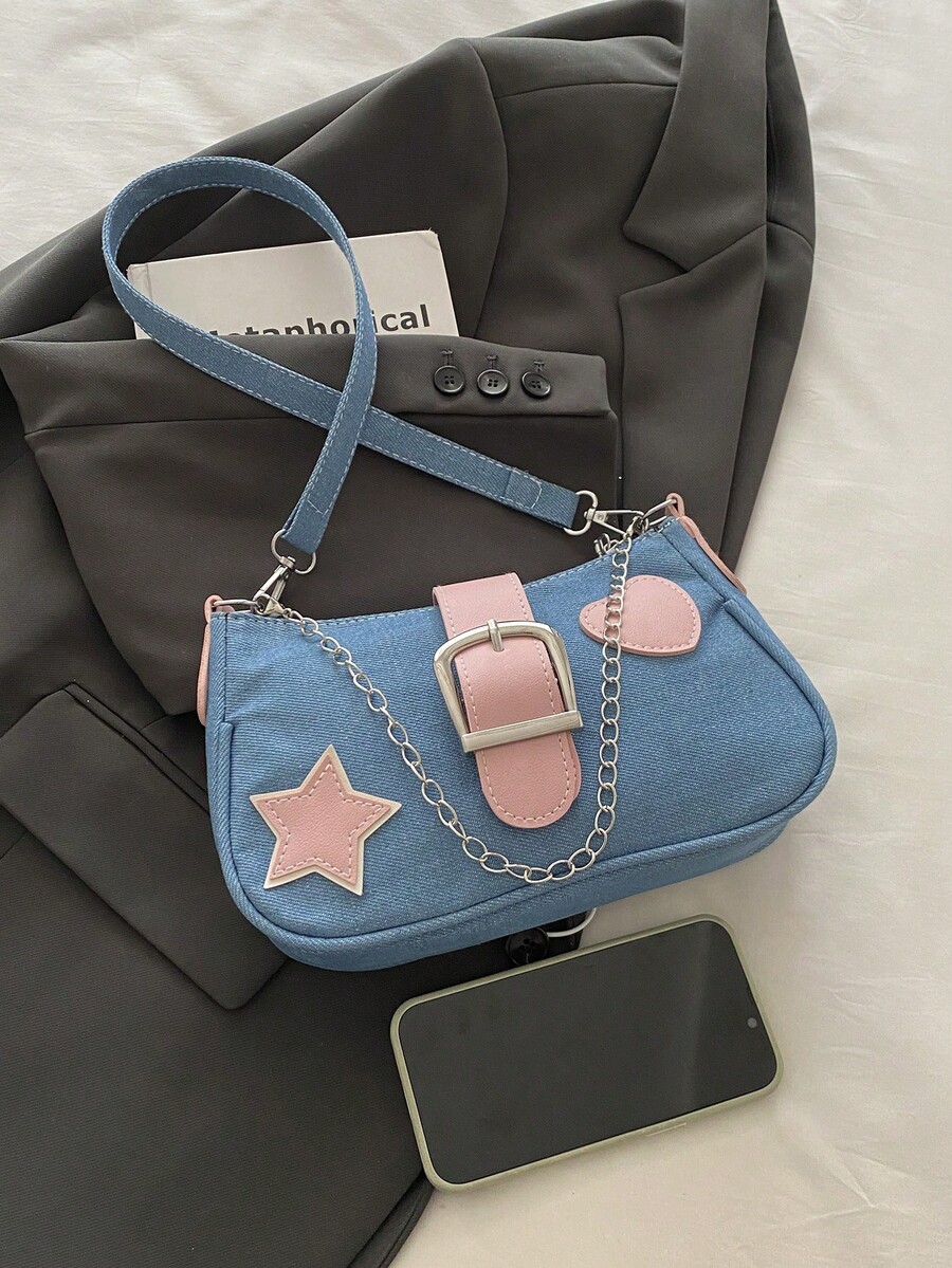 Fashion Contrasting Color Belt Chain Decoration Armpit Shoulder Bag