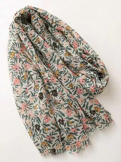 1 件女士海滩配饰绿色和粉色花卉印花亚麻围巾，休闲风格可拆卸披肩带流苏，透气，适合旅行和海滩冬季秋季情人节情人节