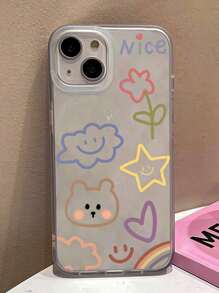 Funda protectora de TPU con diseño de manzana, arcoíris, nube y oso, compatible con iPhone 16/15/14/13/12/11/X/XR/XS/MAX/6/7/8/Plus, a prueba de golpes y resistente a arañazos, con correa con colgante y patrón brillante de corazón y flor
