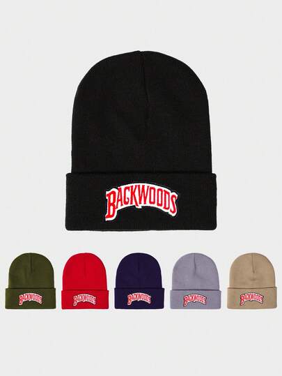 1 peça Gorro de malha bordado "BACKWOODS", boné térmico para áreas externas/ruas, chapéu quente de inverno casual e versátil, adequado para deslocamento diário