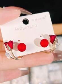1 Cặp Hoa Tai Hình Hoa Tulip Thanh Lịch Với Pha Lê Rhinestone Lấp Lánh, Thiết Kế Bằng Hợp Kim, Phù Hợp Với Phụ Nữ, Hoàn Hảo Cho Các Dịp Cưới Hỏi Ngày Lễ Tình Nhân Ngày Lễ Tình Nhân - Đỏ - Xem 4
