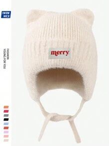 Christmas "Merry" Bear Ear Beanie Hat, Unisex, Warm & Soft Fleece Cap With Ear Protection, Windproof Tie Closure Knitted Hat For Outdoor Activities Like Winter, Ski, Cycling, Running, Hunting, Great Christmas & Halloween Gift For Family And Friends