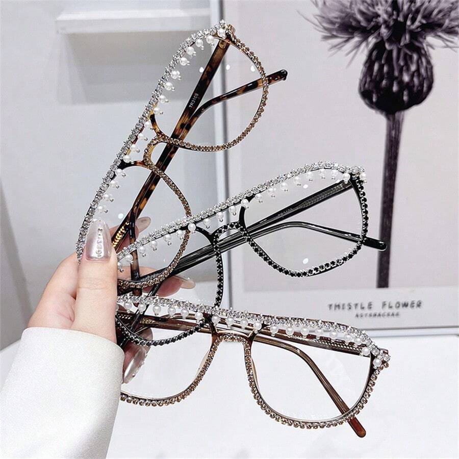 TR + Metal 女士闪亮水晶镜片眼镜，防辐射电脑眼镜，护眼派对装饰眼镜男女通用 - 彩色 - 查看 1