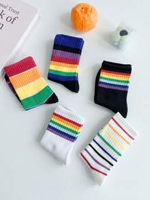 5 đôi tất trẻ em, tất sọc nhiều màu dài đến giữa bắp chân, thiết kế hoạt hình cho bé gái và bé trai, tất thoáng khí cho trẻ mới biết đi/học sinh, cho mùa thu/đông - Nhiều màu - Xem 6