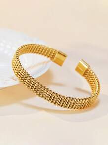 1 件不锈钢情侣时尚蜘蛛网形开口手镯，奢华珠宝装饰，适合日常佩戴 - 金色 - 查看 8