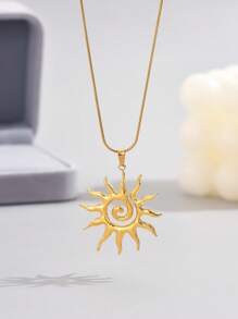 LIEBEIRIS 1pc 18K Gold Plated Spiral-Pattern Geometric Sun Stainless Steel Necklace, Suitable For Women To Match Daily Outfits And Party Accessories