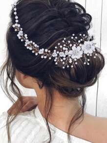 1 chiếc cài tóc thủ công thanh lịch đính hoa pha lê và ngọc trai giả, phụ kiện tóc cưới, phụ kiện ngày Valentine. - Bạc - Xem 2