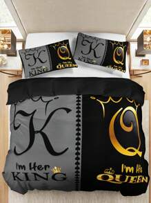 Set de 3 piezas de ropa de cama (1 funda de edredón sin relleno + 2 fundas de almohada sin núcleo), con estampado de alta definición en color negro y gris con diseño de corona, para uso en el hogar y dormitorio