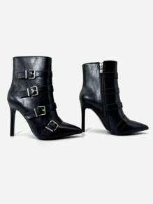 RevReaL Stivaletti alla caviglia da donna con fibbie e tacco alto - dalla punta affusolata in nero e bianco