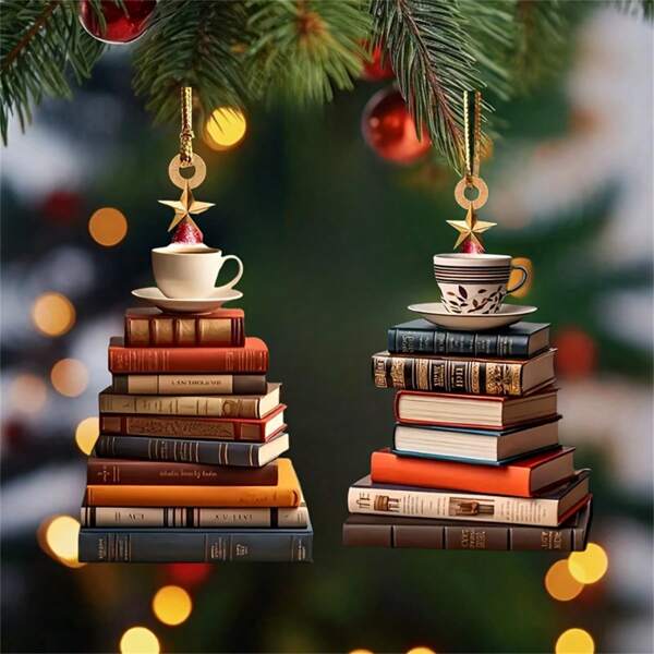 2pcs/Set Christmas Tree Hanging Ornaments - Acrylic Book And Coffee Cup Design, Suitable For Backpack And Car Decor, Ideal Holiday Gift,For School Supplies,Back To School