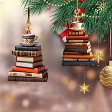 2pcs/Set Christmas Tree Hanging Ornaments - Acrylic Book And Coffee Cup Design, Suitable For Backpack And Car Decor, Ideal Holiday Gift,For School Supplies,Back To School - Multicolor - View 2