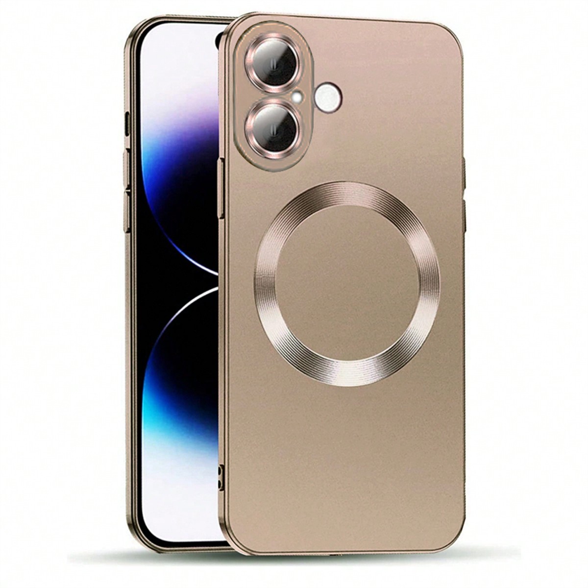 1pc Desert Gold Magnetic Matte Luxury Ultra-Thin Soft Silicone Frosted Skin Feel Comfortable Shock-Resistant Metallic Luster With Camera Lens Protector Film, TPU & MagSafe Compatible Phone Case Compatible With Apple 17e/17pro/17promax/Air/17/16pro/16promax/16plus/16/16E/15pro/15promax/15plus/15/14pro/14promax/14plus/14/13pro/13promax/13/12pro/12promax/12/11promax/11, Unisex