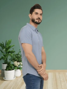 Men's Plain Short Sleeve Shirt - 灰色 - 查看 5