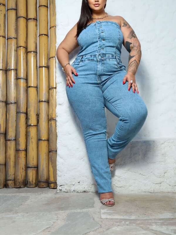Macacão Tomara Que Caia Jeans Longo Feminino Plus Size