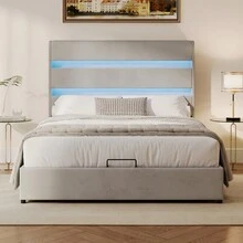[King/Queen/Full Size +Black /White/Beige ] Upholstered Platform  Hydraulic Storage Bed, Lift Up Storage Bed With RGB LED Light, PU Leather Headboard And Footboard, No Box Spring Needed, White - Xám + Gỗ + Kim loại + Đầy đủ - Xem 5