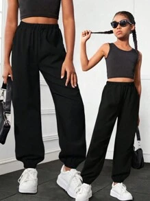 1pc Tween Girls Fashionable Casual Outdoor Sports Drawstring Pants, Spring/Autumn - Black - View 3