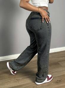 Chicsale Women's Straight Leg Denim Pants - Elegant Wide Leg Floor-Length Jeans With Button & Zipper, Relaxed Fit Casual Trousers For Everyday Outings - 懷舊 - 查看 4