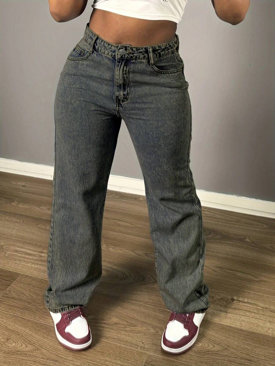 Chicsale Women's Straight Leg Denim Pants - Elegant Wide Leg Floor-Length Jeans With Button & Zipper, Relaxed Fit Casual Trousers For Everyday Outings - 懷舊 - 查看 1