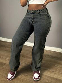 Chicsale Women's Straight Leg Denim Pants - Elegant Wide Leg Floor-Length Jeans With Button & Zipper, Relaxed Fit Casual Trousers For Everyday Outings - 懷舊 - 查看 3