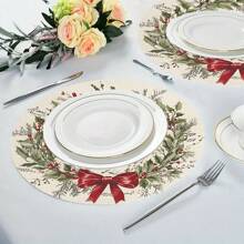 1/4 件装圣诞圆形餐垫，带复古花环、音符和红色蝴蝶结设计 - PU 面料，仅可手洗，防滑、耐热桌垫，适用于餐厅和厨房装饰、家居和厨房装饰、房间装饰、派对装饰 - 彩色 - 查看 1