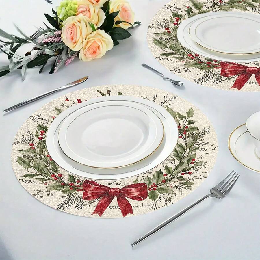 1/4 件装圣诞圆形餐垫，带复古花环、音符和红色蝴蝶结设计 - PU 面料，仅可手洗，防滑、耐热桌垫，适用于餐厅和厨房装饰、家居和厨房装饰、房间装饰、派对装饰 - 彩色 - 查看 1