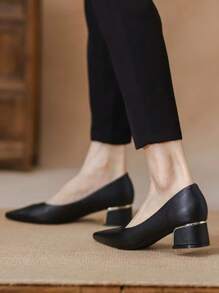 Giày cao gót mũi nhọn họa tiết trơn trang trí cho nữ, giày cao gót đế vừa thời trang đa năng, trang phục trang trọng kết hợp với váy, trang phục đi làm hoặc trang phục thường ngày, giày bệt đế thấp cho bốn mùa - màu đen mờ - Xem 4