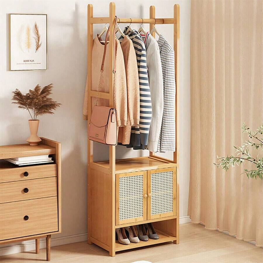 Bamboo Clothes Rack Garment Rail Stand Storage Shoe Shelf Walk