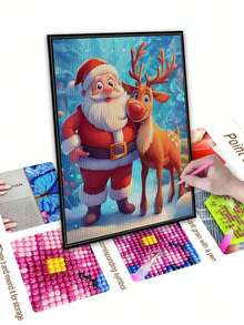 5D DIY 马赛克钻石画，圣诞老人与驯鹿，钻石艺术套件马赛克家居装饰墙面装饰 - 紅白色 - 查看 4