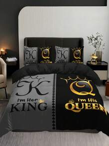 Set de 3 piezas de ropa de cama (1 funda de edredón sin relleno + 2 fundas de almohada sin núcleo), con estampado de alta definición en color negro y gris con diseño de corona, para uso en el hogar y dormitorio