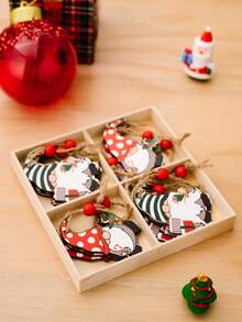 1 盒 12 件圣诞装饰品，4 个木盒，配有卡通印花小矮人和圣诞木树吊坠，最佳礼物 - 多色 - 查看 7