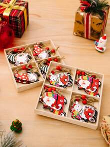 1 盒 12 件圣诞装饰品，4 个木盒，配有卡通印花小矮人和圣诞木树吊坠，最佳礼物 - 多色 - 查看 10