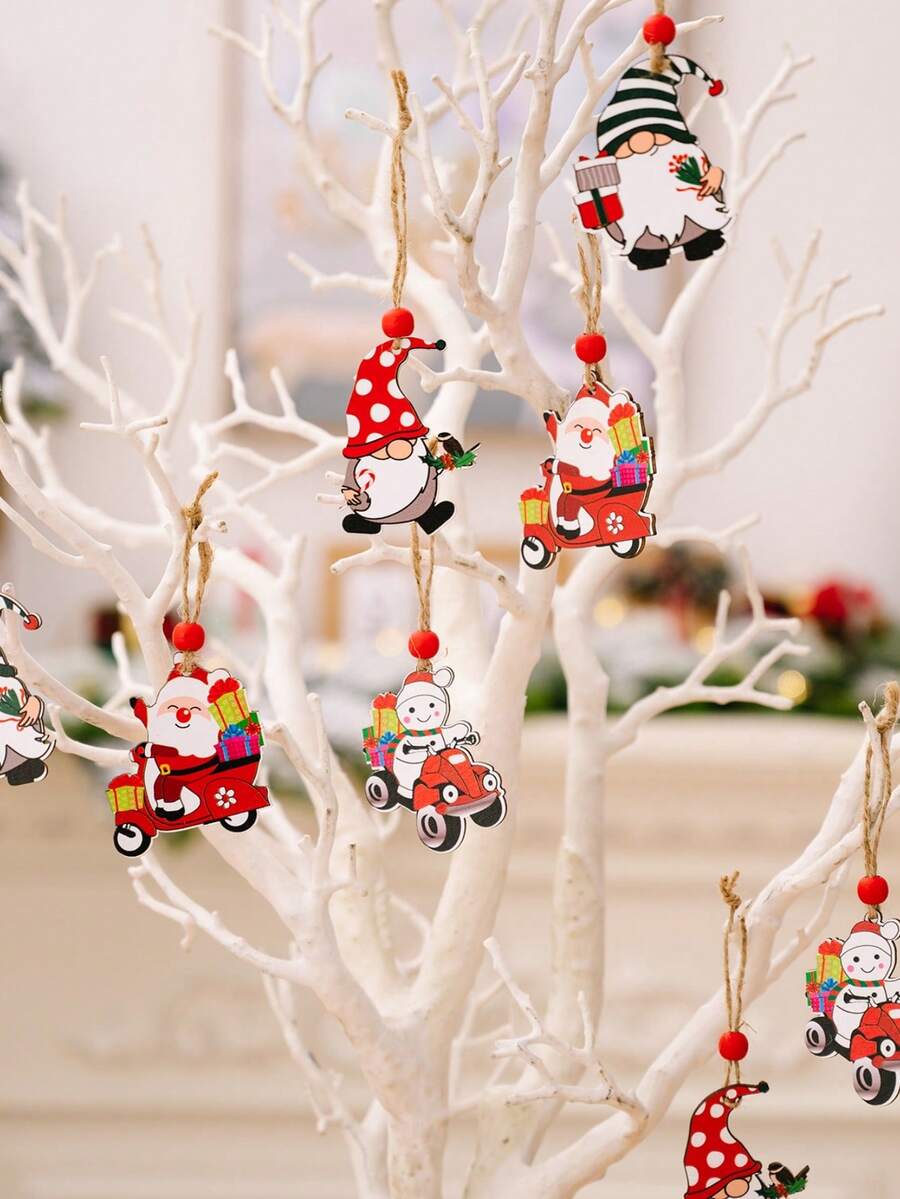 1 盒 12 件圣诞装饰品，4 个木盒，配有卡通印花小矮人和圣诞木树吊坠，最佳礼物 - 多色 - 查看 1