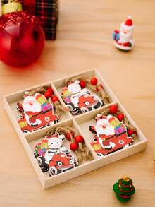 1 盒 12 件圣诞装饰品，4 个木盒，配有卡通印花小矮人和圣诞木树吊坠，最佳礼物 - 多色 - 查看 4