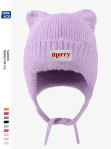 Christmas "Merry" Bear Ear Beanie Hat, Unisex, Warm & Soft Fleece Cap With Ear Protection, Windproof Tie Closure Knitted Hat For Outdoor Activities Like Winter, Ski, Cycling, Running, Hunting, Great Christmas & Halloween Gift For Family And Friends