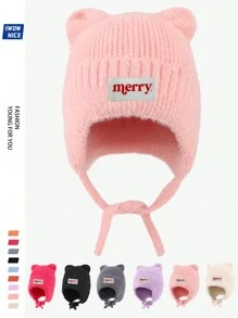 Christmas "Merry" Bear Ear Beanie Hat, Unisex, Warm & Soft Fleece Cap With Ear Protection, Windproof Tie Closure Knitted Hat For Outdoor Activities Like Winter, Ski, Cycling, Running, Hunting, Great Christmas & Halloween Gift For Family And Friends