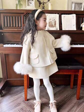 2pcs Young Girl Winter Jacket And Thickened A-Line Skirt Outfit Set